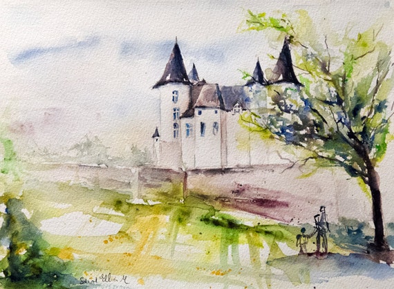 Loire valley castle watercolor Saumur castleLoire valley