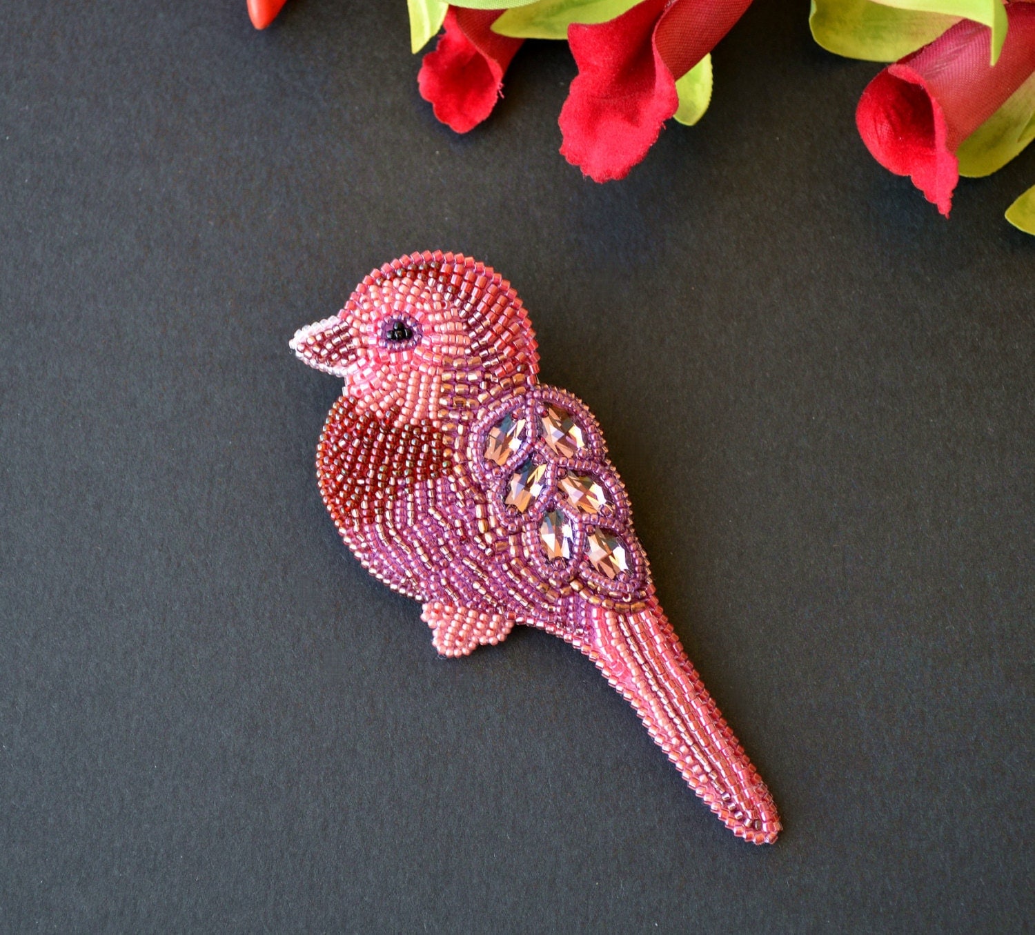 Bead embroidery brooch bird with Swarovski and Japanese seed
