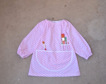Art Smock 1-2 Years Long Sleeve Childrens Painting Apron Pink with White Polka Dots Tablier Filles Ecolier Enfant Rose Petit Pois Maternelle