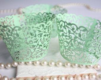 Mint Cupcake Wrappers for Mint Wedding, Mint Green Lace Filigree Cupcake Liners for Mint Bridal Shower or Wedding - Set of 12