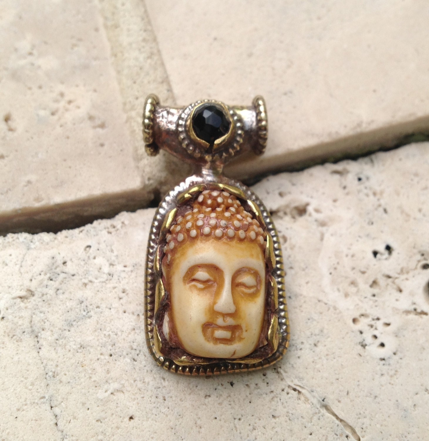 40% OFF Hand Carved Bone Buddha Pendant with Brass Repousse