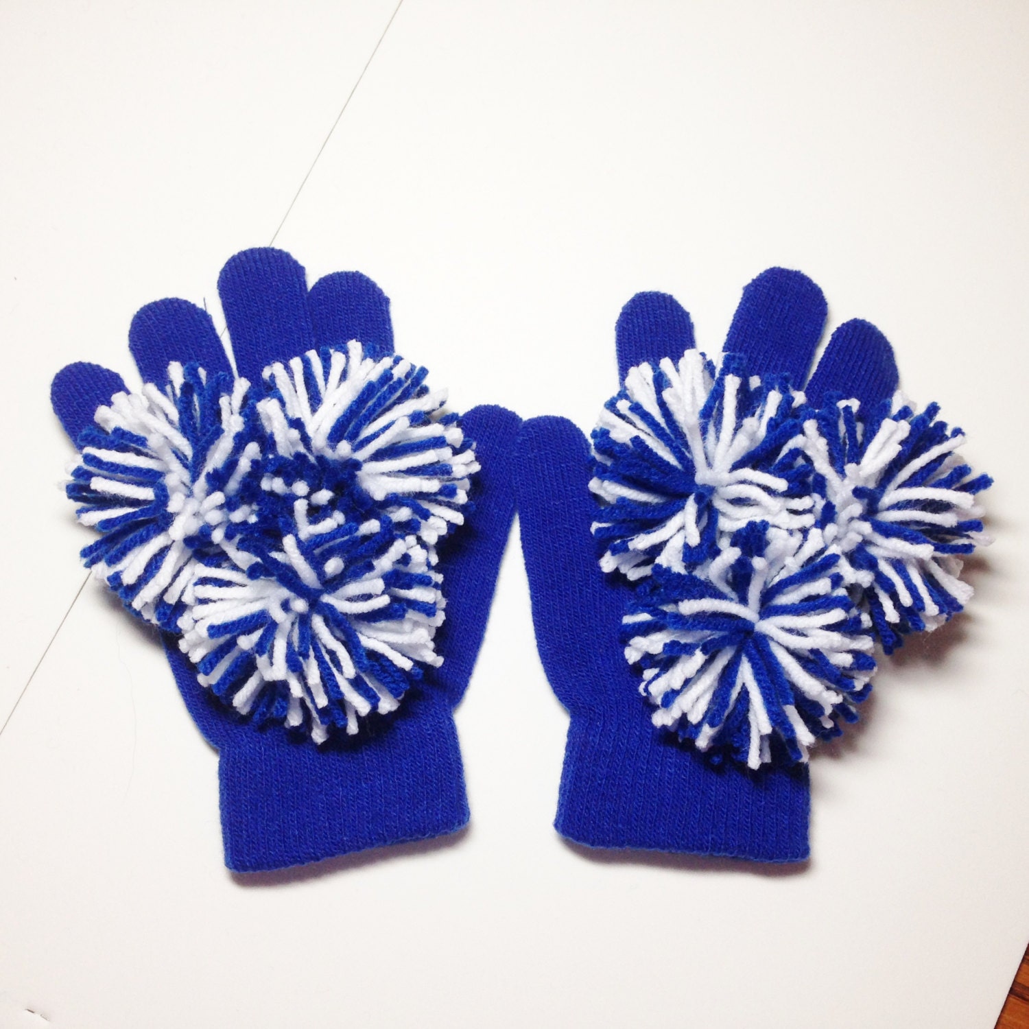 Pom Pom Gloves, Stocking Stuffers, Royal Blue and White, Cheer gloves