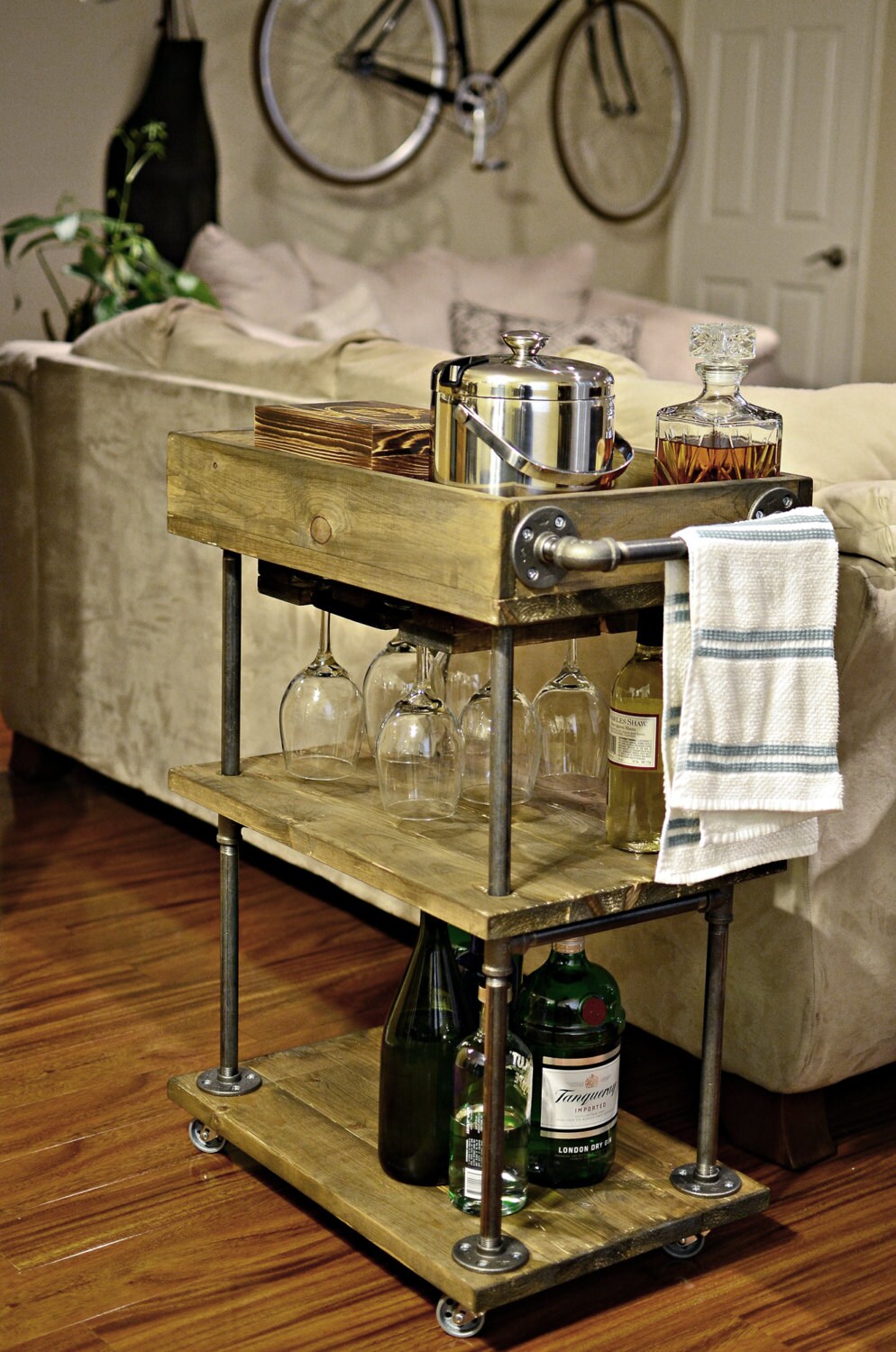 Industrial Pipe and Wood Bar Cart / Kitchen Cart by JHcraftsLA