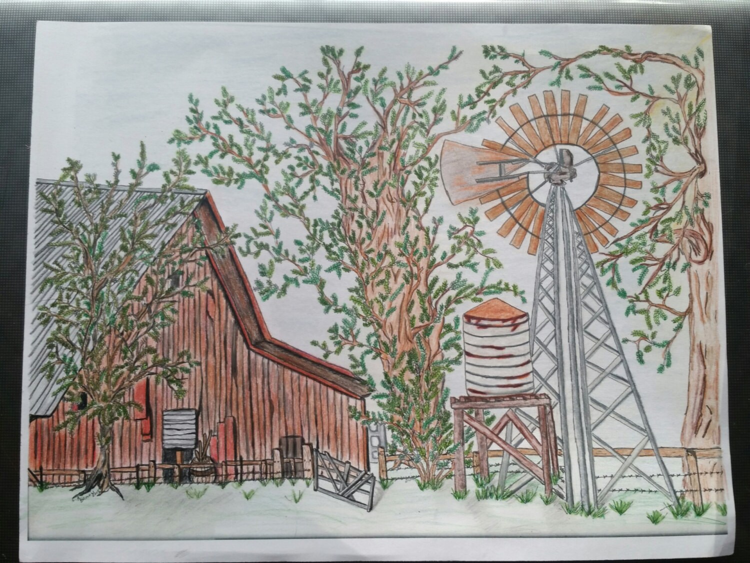 Printable coloring page Barn and windmill