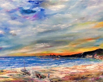 On the shore - large oil painting on canvas | Size: 16'' x 31'' (40cm x 80cm)