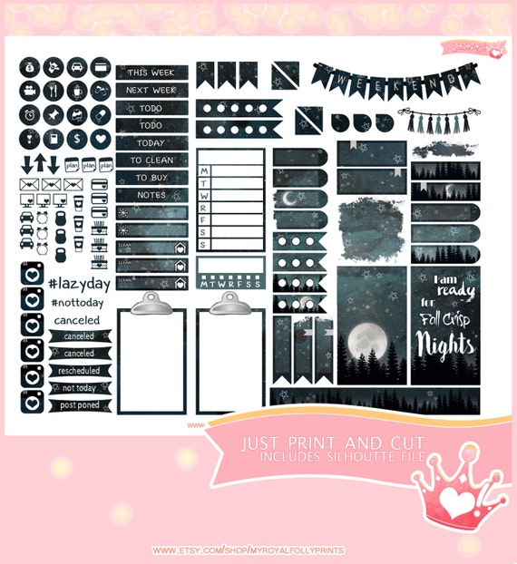 Fall Night | Printable Planner Stickers | Happy Planner | Instant Digital Download with Silhouette file