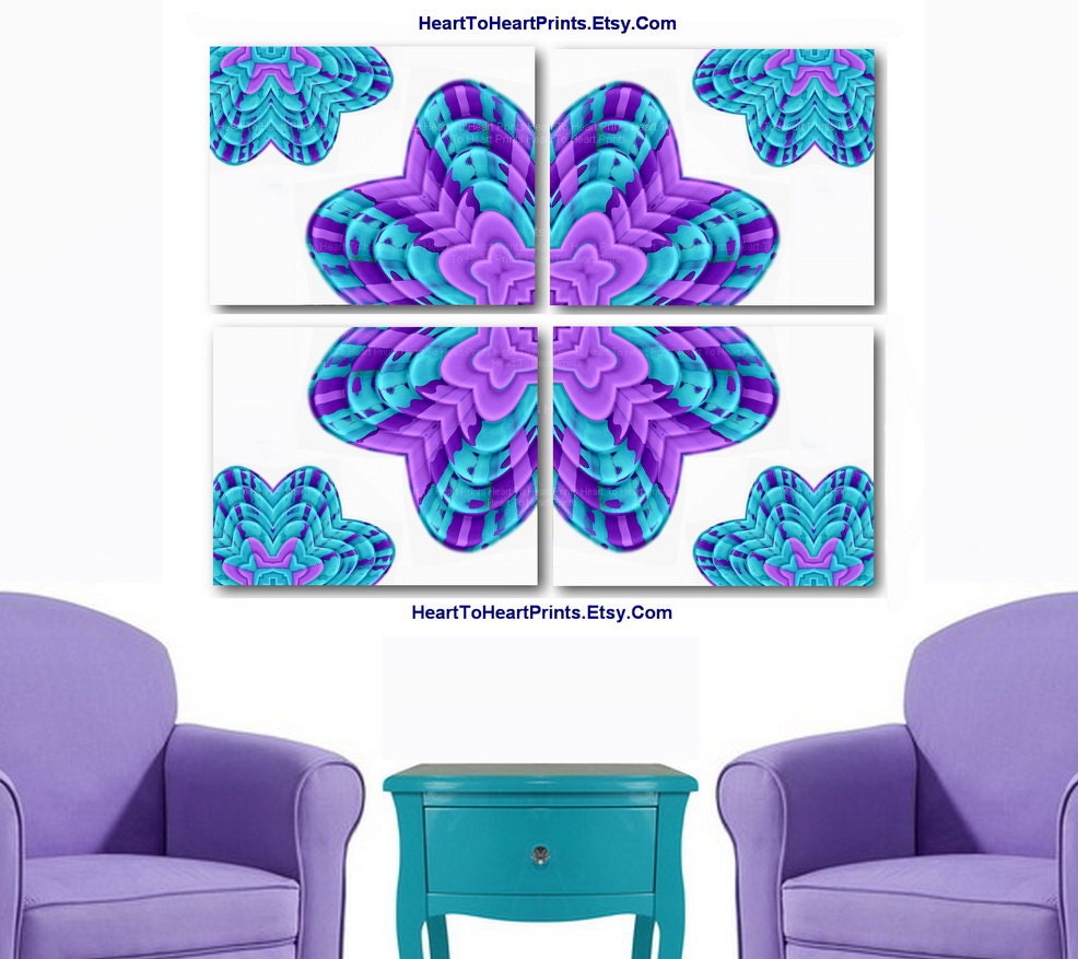 Teal Purple Abstract Flowers Wall Decor Mint by HeartToHeartPrints