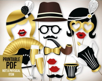 Gatsby photo booth props printable PDF. Great Gatsby props. New years photo booth props. Roaring 20s party photobooth. Hollywood glamour