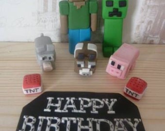 Minecraft, birthday, cake topper, fondant, sugar paste, decoration, boy, girl, game, steve, animals