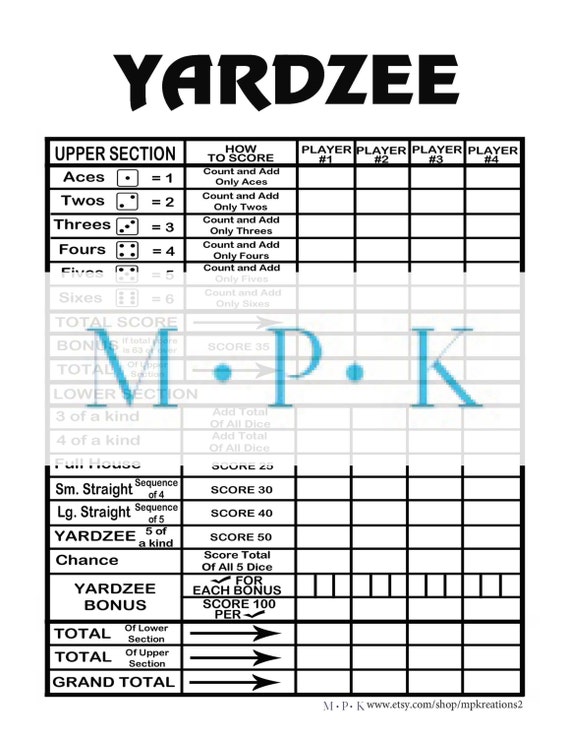 Yardzee Scorecard Download two sizes available