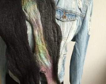 Wearable art ... felted scarf ' oil-grey ' of dyed Merino Wool with silk. Art to wear!
