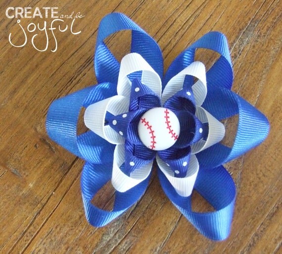 Blue and White Baseball Hair Bow ClipTBall Baseball Softball