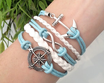 Nautical Bracelet, Anchor Jewelry, Ocean Bracelet, Compass Bracelet, Blue Cord Wrap, Infinity Charm, Beach, Boating, Antique Silver