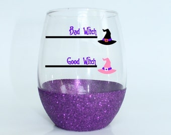 Halloween Wine Glass - Witch Wine Glass - Good Witch Bad Witch Wine Glass - Halloween Party Glass - Cute Halloween Glass