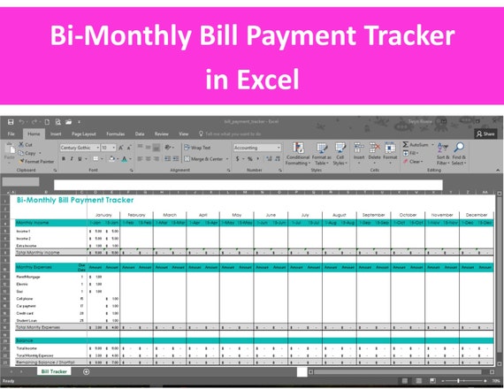 BiMonthly Bill Payment Tracker Excel Spreadsheet Editable
