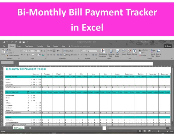 Bi-Monthly Bill Payment Tracker Excel Spreadsheet Editable