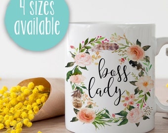 Boss Lady Mug, Boss Mug, Gift for Boss, I'm The Boss, Funny Mug, Office Mug, Office Coffee Cup, Boss Coffee Cup, Floral Wreath Mug, Latte