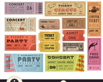 Tickets Clipart,Retro Tickets Clipart,Circus,Cinema,Movie,Party,digital download