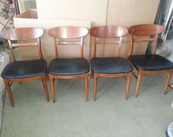 Mid Century Danish Dining Chairs - Set of 4 Chairs with Black Leather Seats.