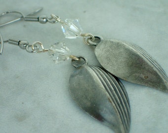 Antique Silver Leaf Swarovski Crystal Earrings