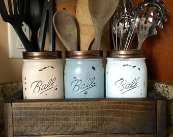 Mason jar utensil holder, Kitchen Utensil holder, kitchen organizer, mason jar kitchen storage