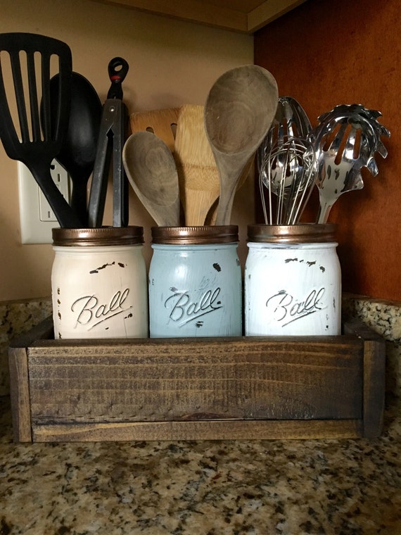 Mason jar utensil holder, Kitchen Utensil holder, kitchen organizer, mason jar kitchen storage