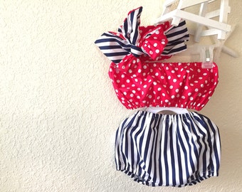 Polka dots & stripes crop top, bloomers, head wrap 4th of July set - 3 pcs
