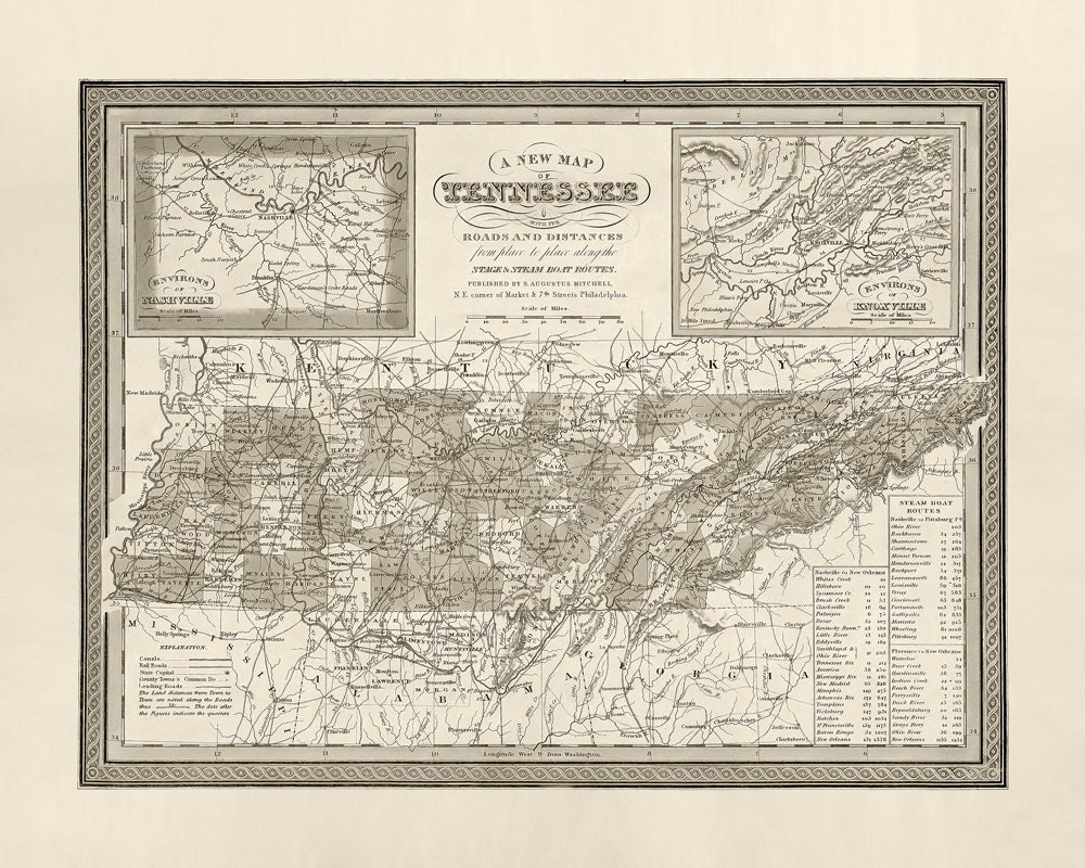 Vintage Map of Tennessee Circa 1849 by PreserveFraming on Etsy