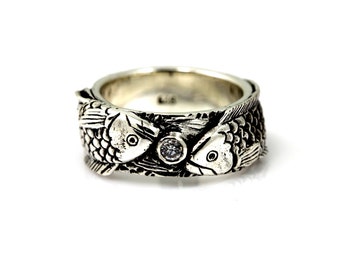 Fish ring,Koi ring,Fish silver ring,Sterling silver with White CZ,Silver with Black Oxidized.