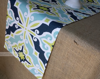 Navy Aqua Turquoise Blue Lime Green Table Runner Table Centerpiece Dining Room Kitchen Decor Geometric Scroll Patterned Runner