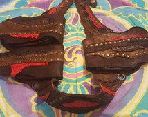 Vintage Folk Art Mask Belt Distressed Leather Tribal Belt Brass Deity Buckle 70s