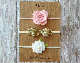 Baby headband set, girl Flower headband, baby headband, baby felt headband set, gold glitter bow headband, flower headband, newborn headband