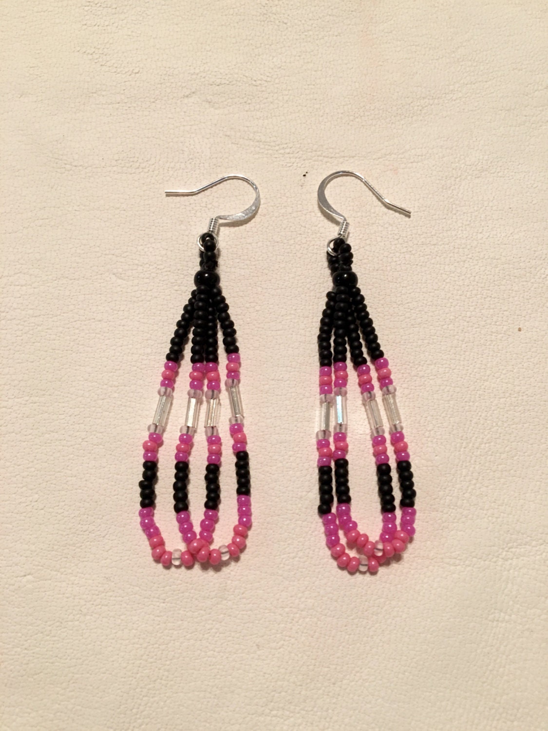 Native American Style Beaded Earrings teardrop fringe-pink