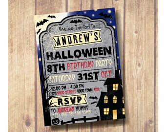 Kids Halloween Party Invitation; Kids Halloween Birthday Party Invite; Tombstone Invitation; Bat halloween invitation; Haunted house