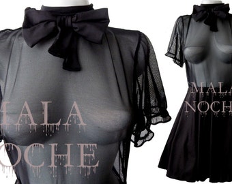 Black short dress, Dress mesh, Goth dress, Dark dress, Witch dress, Vampire dress, Bow dress