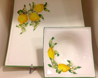 Ceramic plate and Bowl, hand-painted-made in Italy