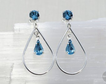 Undine | Sterling silver + Swarovski "Aquamarine" crystal | Aqua / light blue drop ear pendants