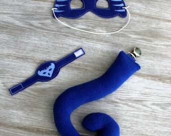 Catboy Bedtime Hero Blue Cat Superhero Costume Cat Tail Mask Bracelet, Easter Basket Filler