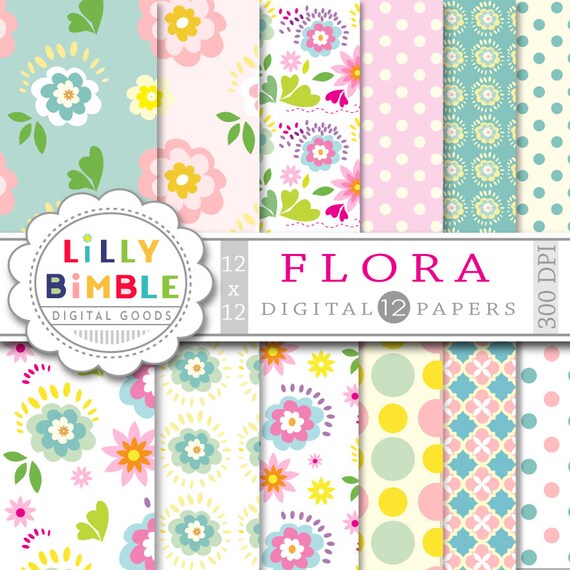 Floral digital paper, FLORA, instant download, commercial use, scrapbook, flowers, modern, pastel Il_570xn