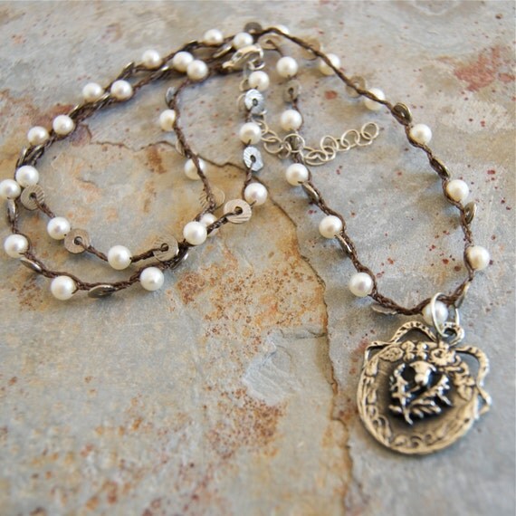 Long Pearl Layering Necklace White Bronze Jewelry Thistle