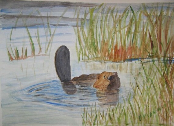 Original Watercolor painting Beaver Goes Swimming by minnismall