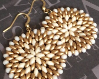 Cream and Satin Gold Seed Bead Earrings - Big Bold Disc Earrings - Beadwork Jewelry - Statement Jewelry