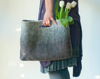 SMALLER Grey Sturdy Everyday Art Bag / Carryall / Tote / Basket / Shopping / Market / Picnic / Hand felted wool / Wearable Art