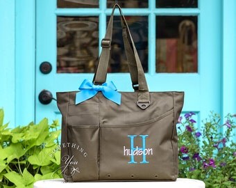 Boys Initial and Name Monogrammed Diaper Bag - Personalized Large Size Solid Color Baby Shower Gift Idea, New Mom or Dad gift, newborn gift