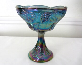 Blue Indiana Glass Harvest Grape Carnival Glass Footed Bowl