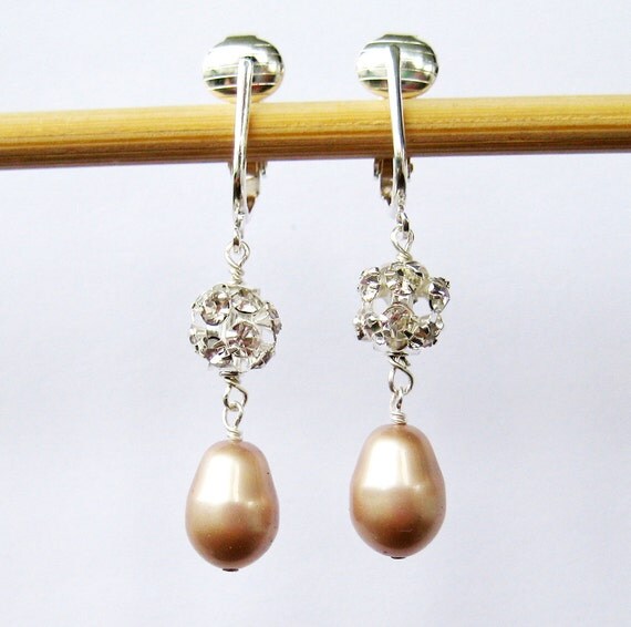Champagne Pearl Drop Clip On Earrings Rhinestone Clipons