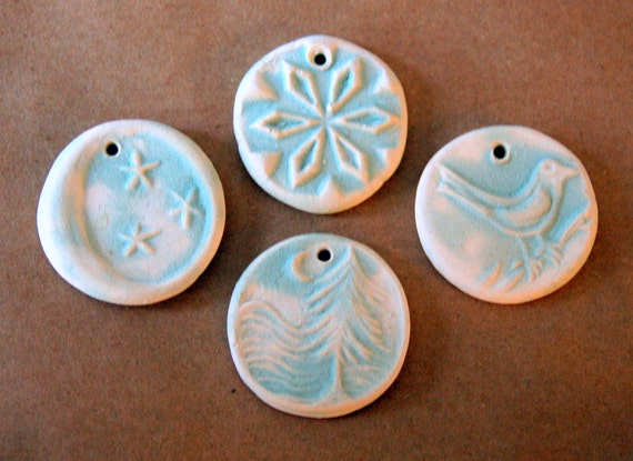 4 Handmade Ceramic Beads in Frosty Light Blue Matte - Moon, Snowflake, Forest in Moonlight and Bird Pendant beads