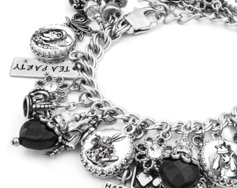 Alice Charm Bracelet, Silver Charm Bracelet, Alice in Wonderland Jewelry, Mad Hatter Jewelry, White Rabbit Jewelry