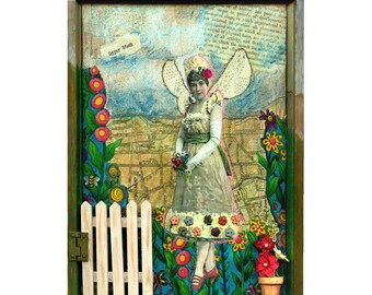 SALE - GARDEN ANGEL fantasy assemblage 3D mixed media collage shadow box altered art original