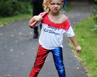 Harley Quinn Suicide Red Blue Split Stretch Lycra Leggings Pants Child Toddler Kids All Sizes MTCoffinz